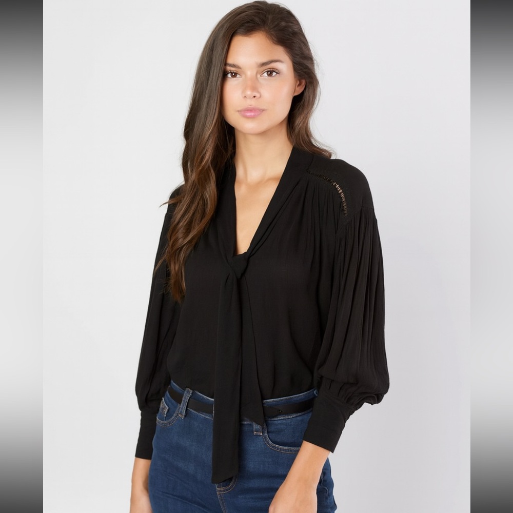 Free People Black Tie Front Mandarin Collar Blouse